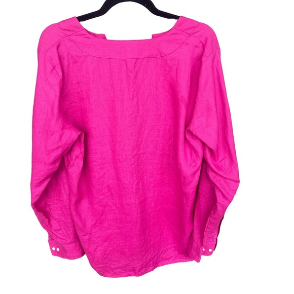 LRL Lauren Ralph Lauren Top Womens Large Pink Linen V-neck Long Sleeve Roll Tab - Picture 2 of 9